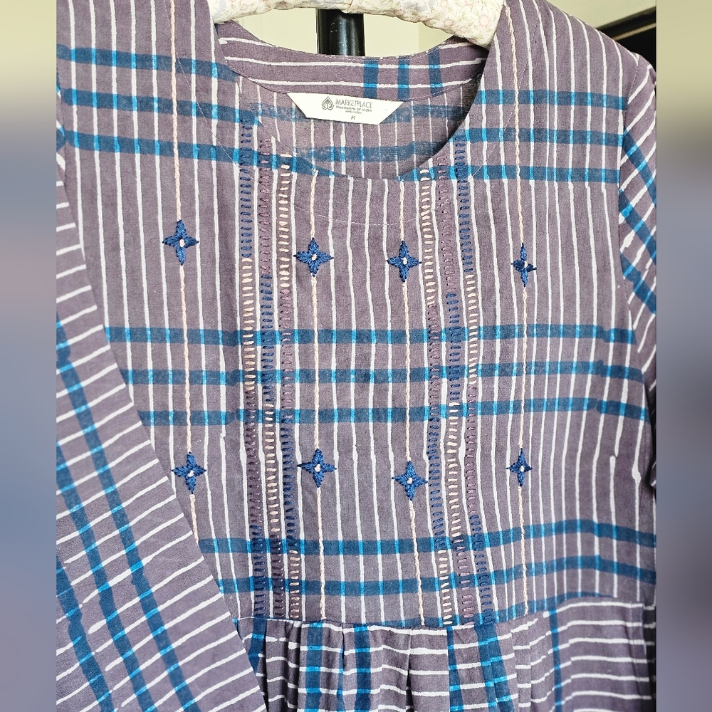 Marketplace Handwork Of India Indigo Striped Embroidered Cotton Maxi Dress - Picture 2 of 8